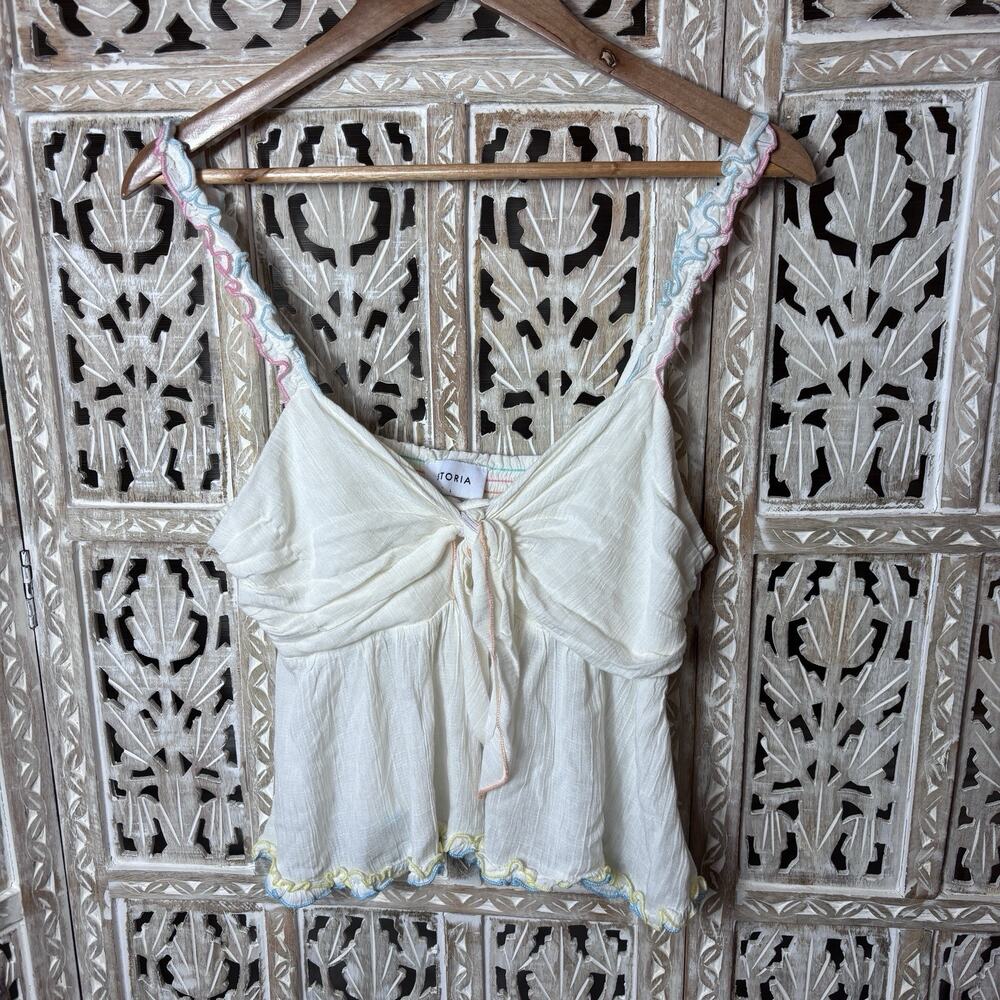 Storia Babydoll Smocked Tank Top Women’s L Ruffled Strap Multicolored Stitching